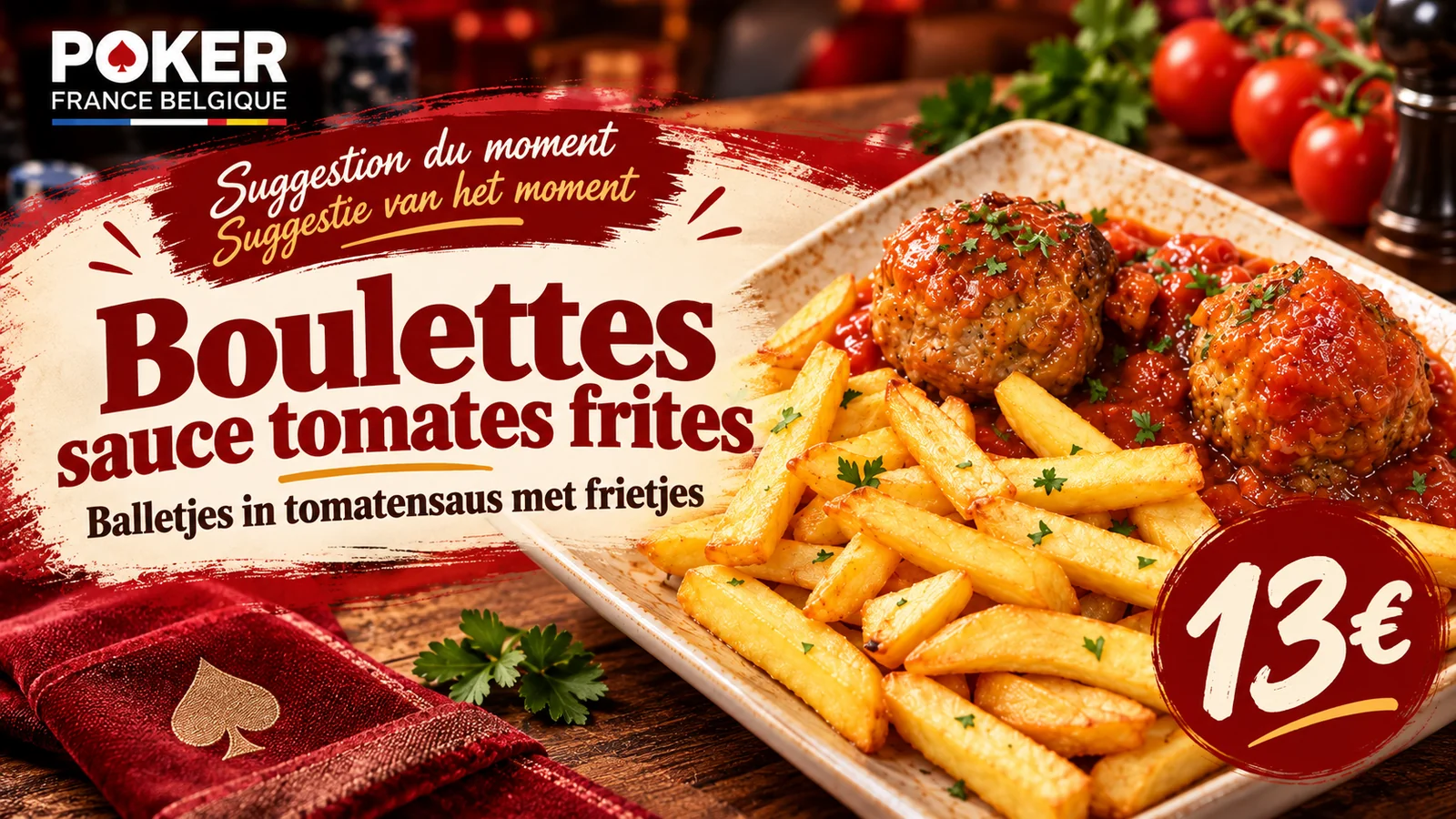 Suggestion du moment au PFB : boulettes sauce tomates et frites à 13 €